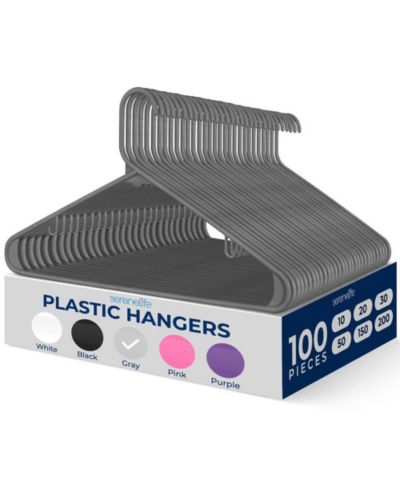 SereneLife 100-Pack Plastic Hangers – Non-Slip, Space-Saving, Durable for Shirts, Sweaters, Kids Clothes, Dresses