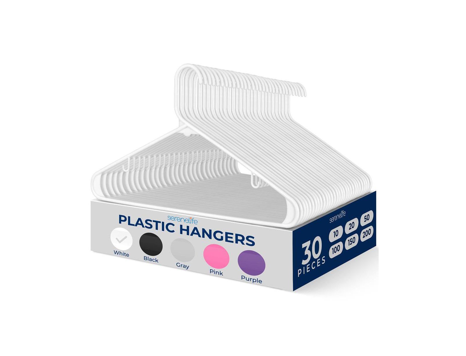 SereneLife 30-Pack Plastic Hangers – Non-Slip, Space-Saving, Durable for Shirts, Sweaters, Kids Clothes, Dresses, Ultra-Thin & Lightweight