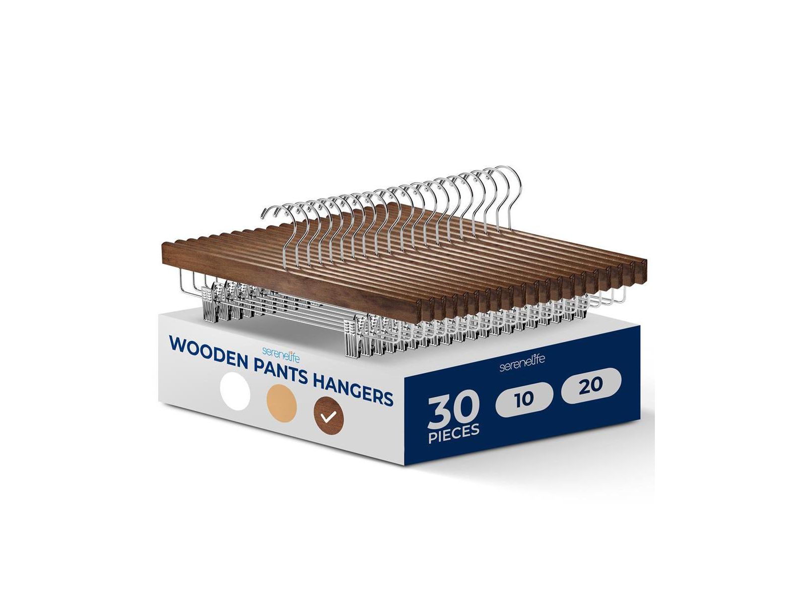 Набор вешалок для брюк SereneLife 30 Pcs. Premium Wooden, с хромированным крючком 360° Swivel Hook (Retro)