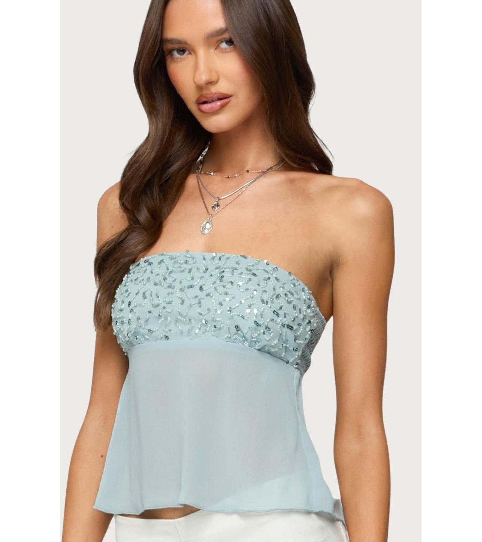 Edikted Women's Beadie Sheer Chiffon Strapless Top