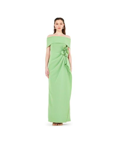 AMRI Bardot Neckline Floral Applique Pleated Gown