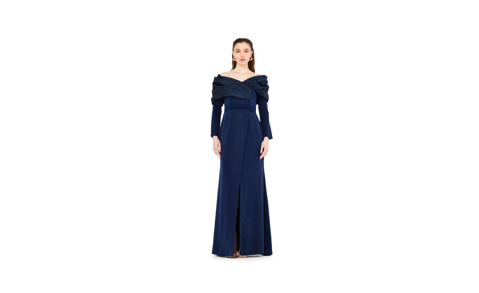 AMRI Women's Ruched Drape Off-The-Shoulder Wrap Over Gown