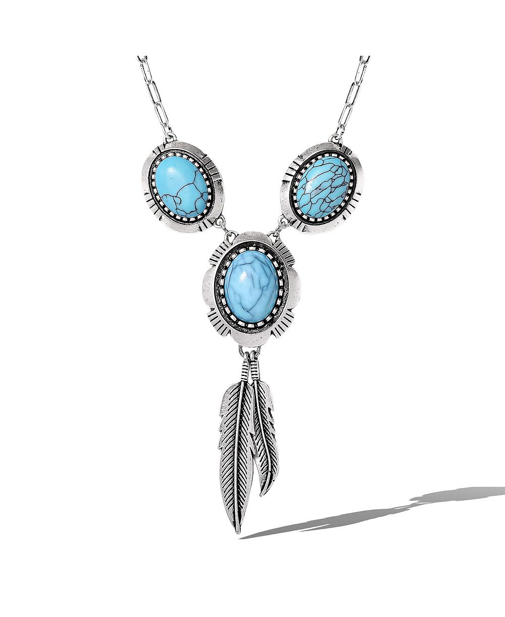 Jessica Simpson Turquoise and Feather Pendant Necklace in Antique Silver