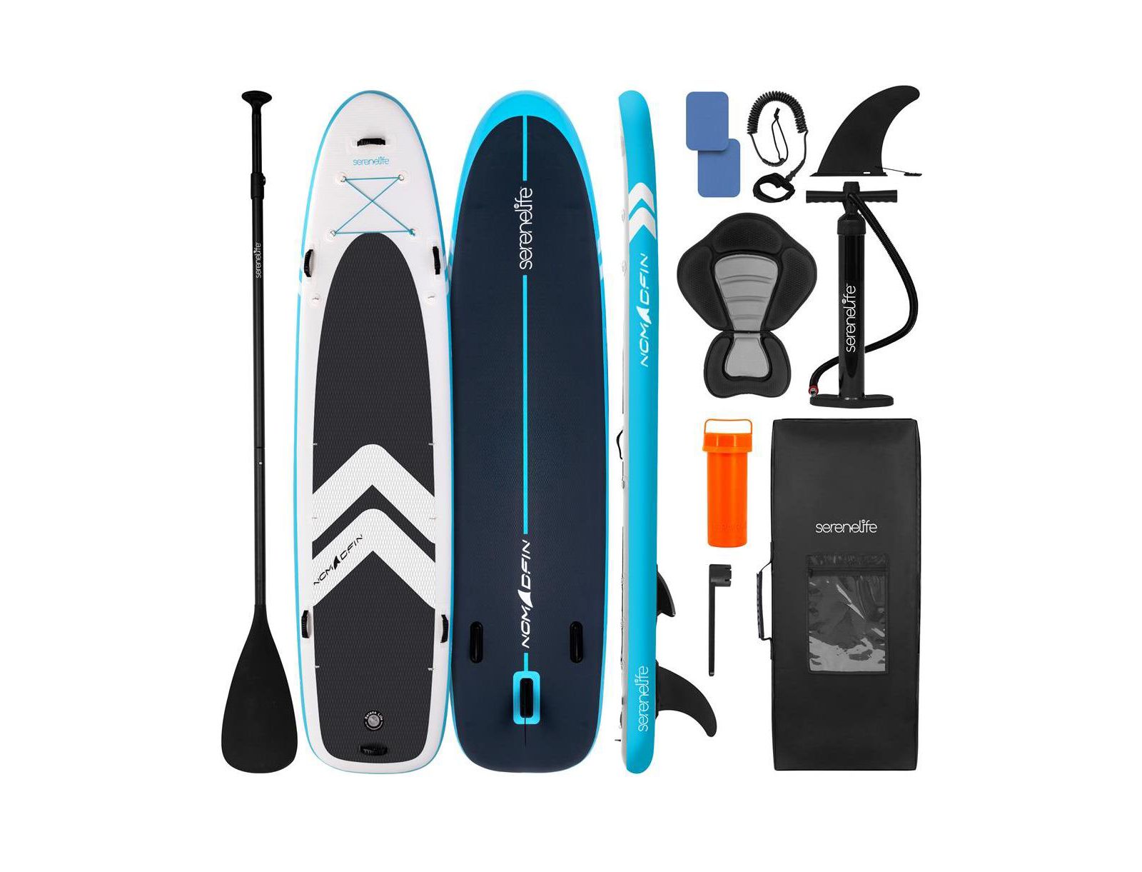 SereneLife Free Flow Inflatable SUP with Pump, Aluminum Paddle, Leash, Seat, Fin, Repair Kit & Backpack