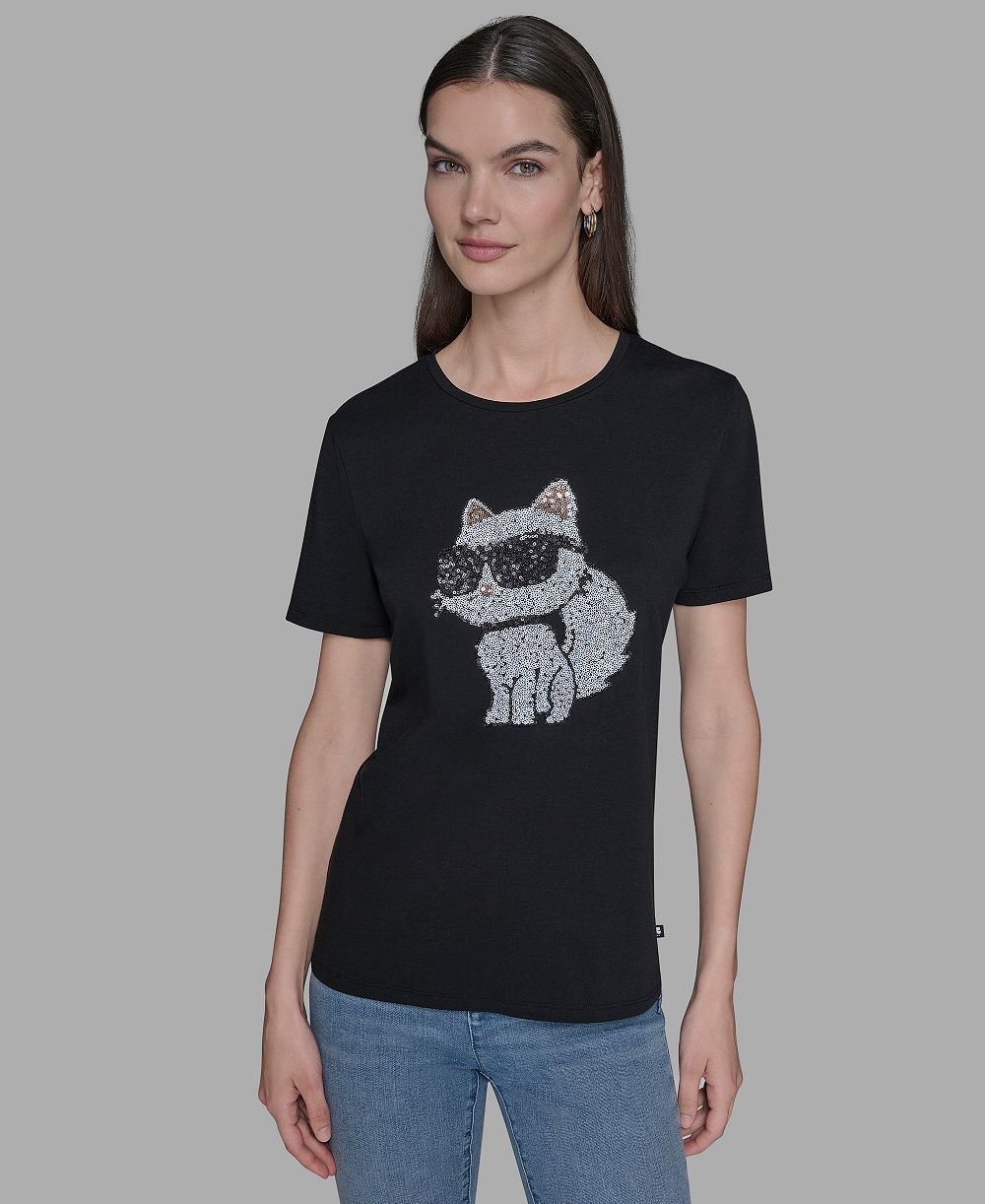 KARL LAGERFELD PARIS Women's Sequin Choupette Crewneck T-Shirt
