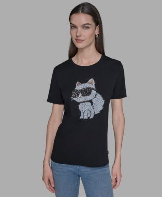 KARL LAGERFELD PARIS Women's Sequin Choupette Crewneck T-Shirt