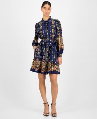 Anne Klein Women's Printed Satin Ruffle-Hem Shirt Dress