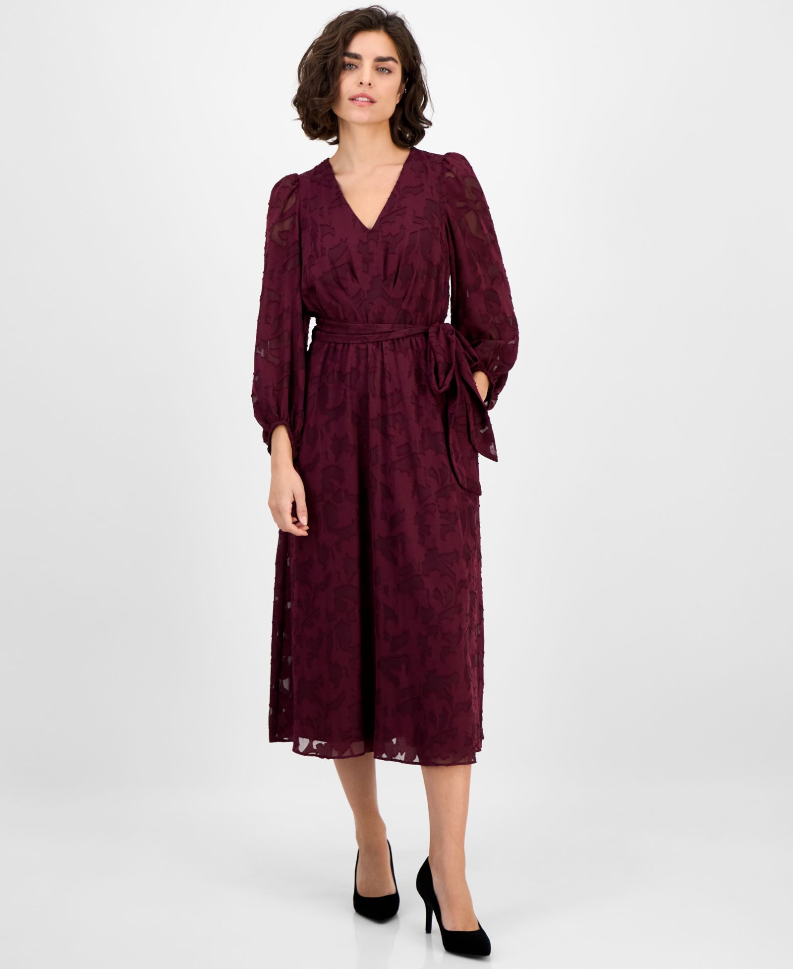 Женское платье миди с V-образным вырезом и рукавами 3/4 Anne Klein Jacquard