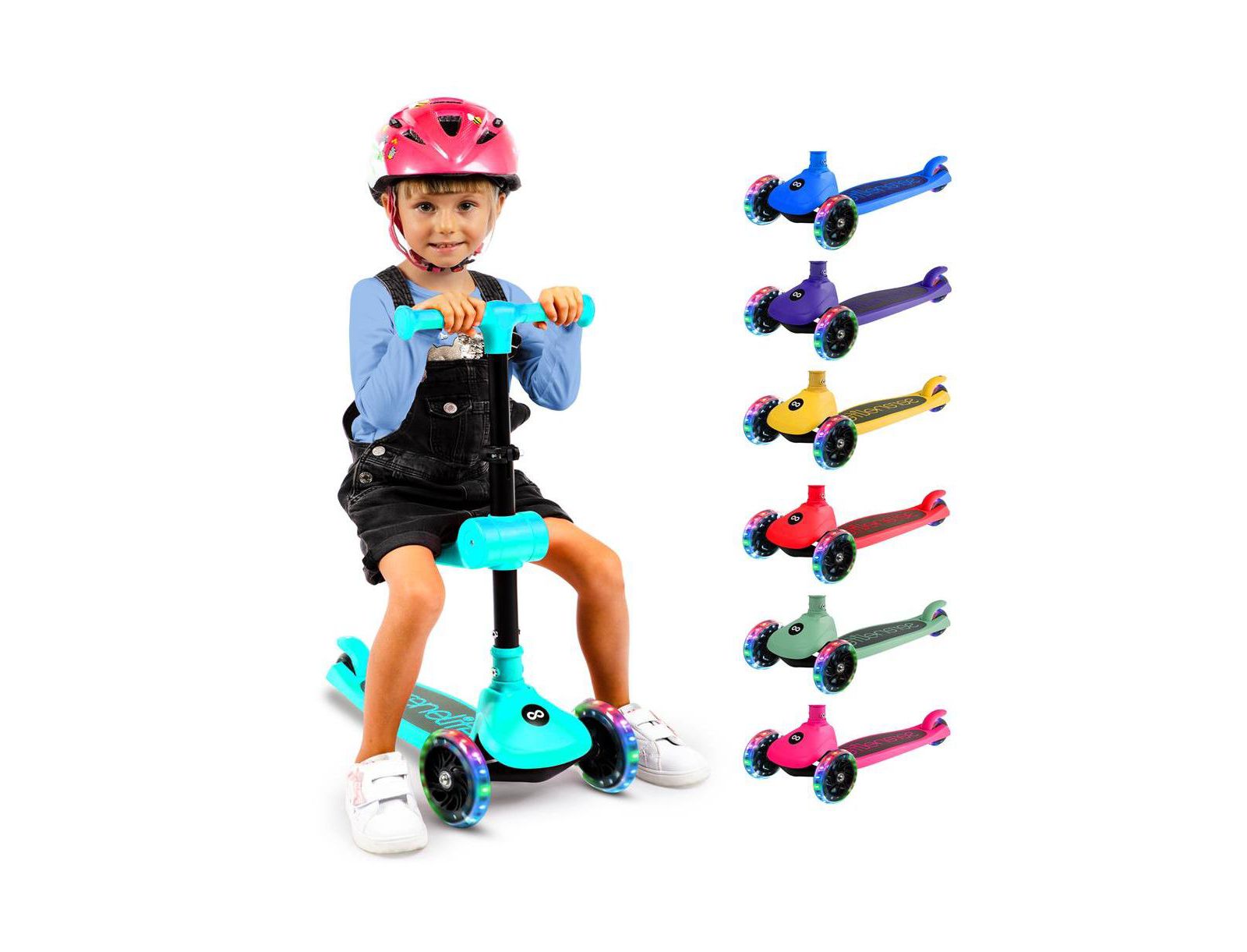 Детский самокат SereneLife 3-Wheel Foldable с LED Wheel Lights, Foldable Seat & Lean-to-Steer Technology (Turquoise Blue)