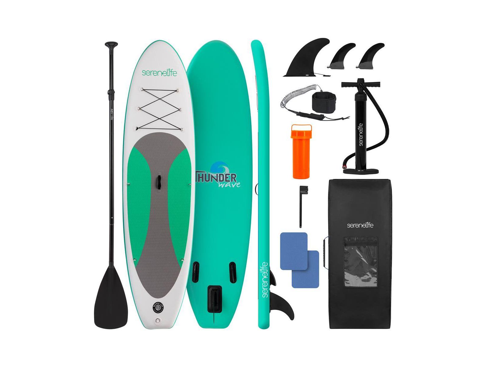 Free-Flow Welded Inflatable Stand-Up Paddle-Board with Double-Action Hand Pump, 3-Shaft Aluminum Paddle, Leash, Fin (Black)