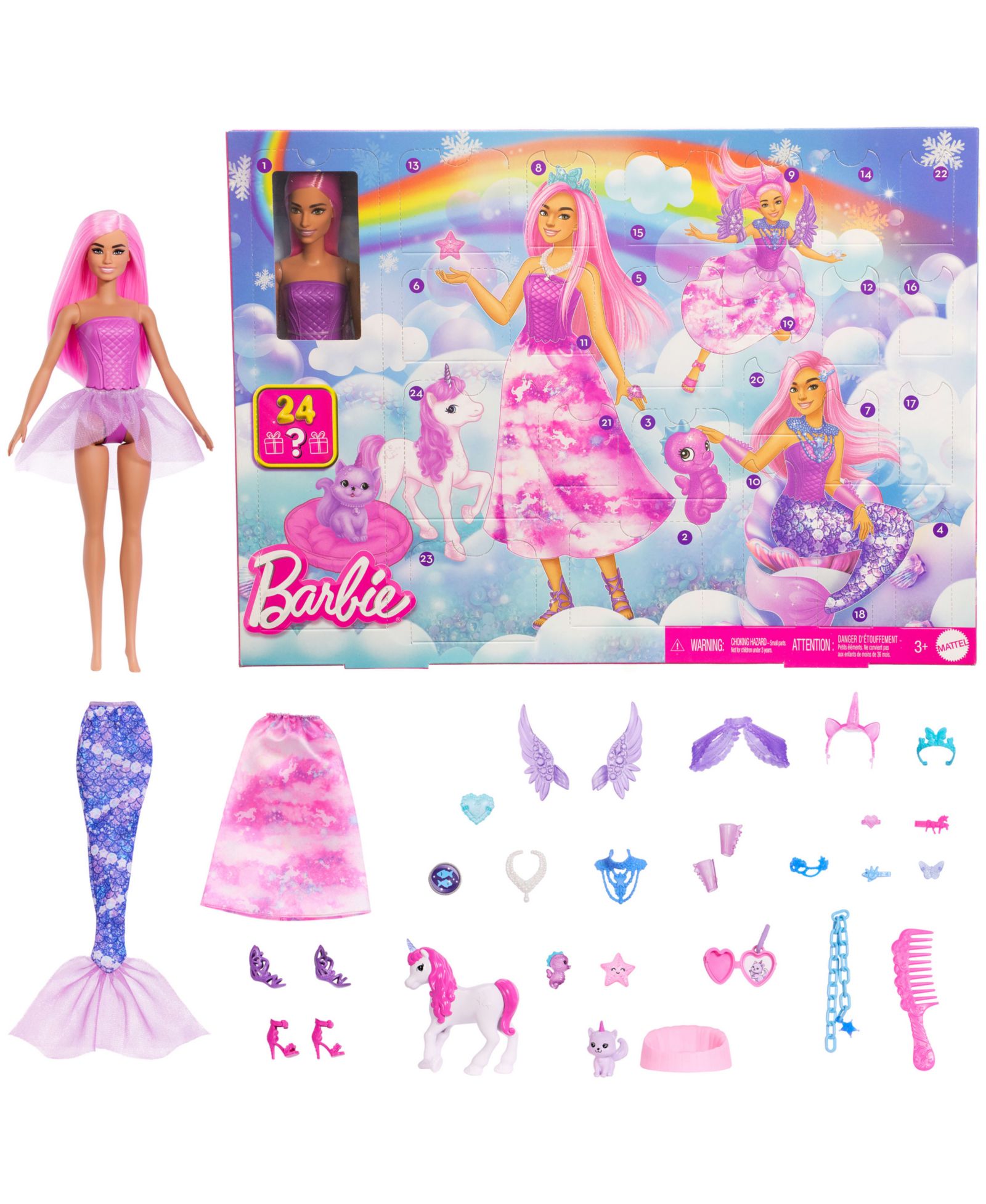 Barbie рождественский календарь с модной куклой и 24 сюрприз-аксессуарами, включая единорога и питомцев