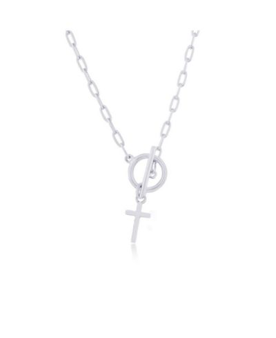 Sterling Cross Charm Paperclip Toggle Necklace