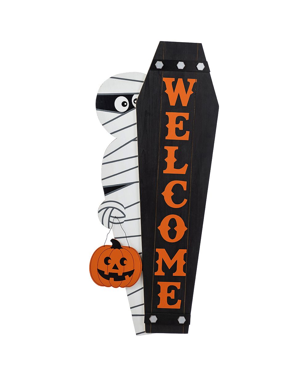 Декор для крыльца Glitzhome Halloween: деревянная мумия и приветственный гроб, набор 2 шт.