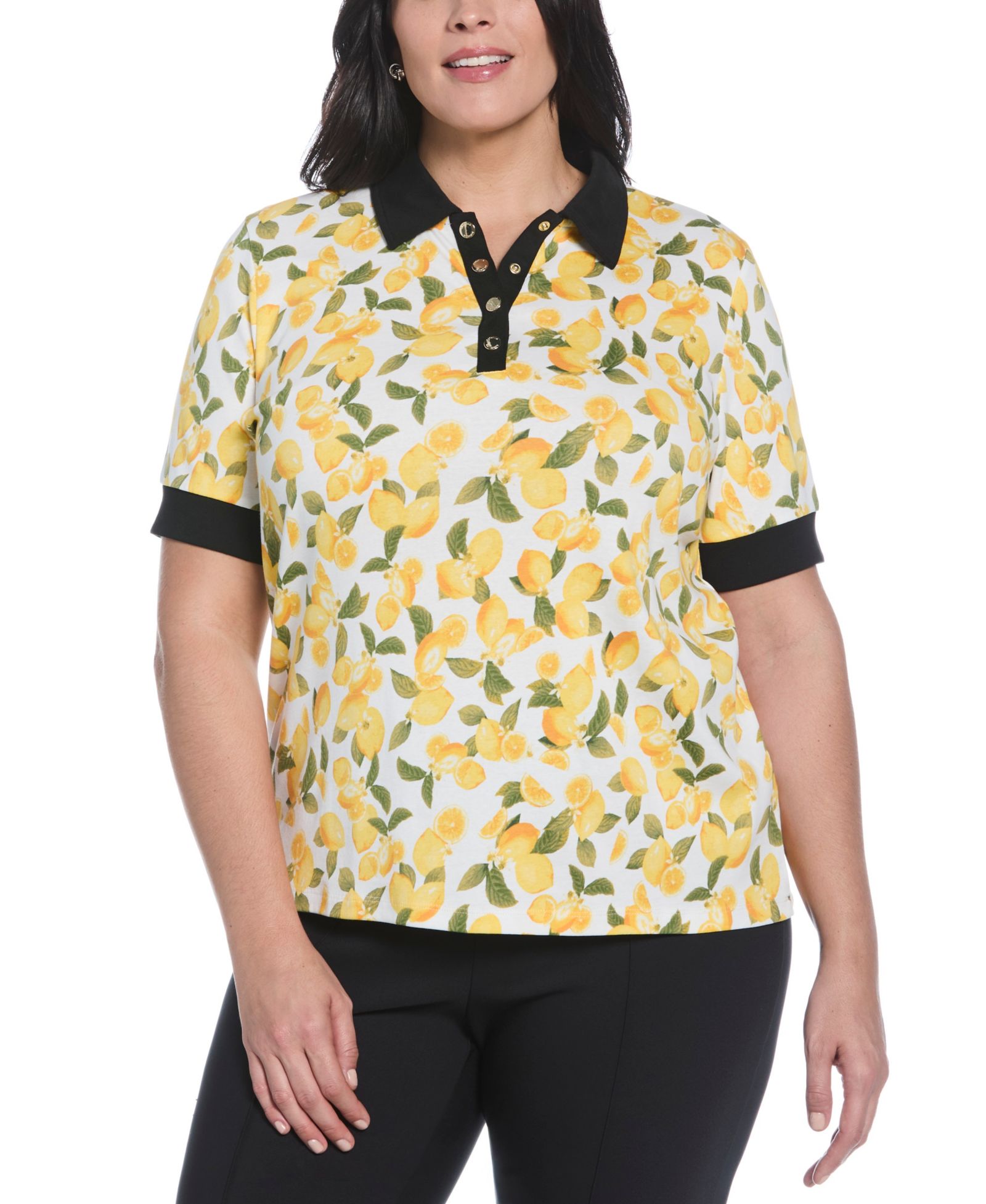 Rafaella Plus Size Lemon Print Buttoned Elbow Length Sleeve Polo T-Shirt
