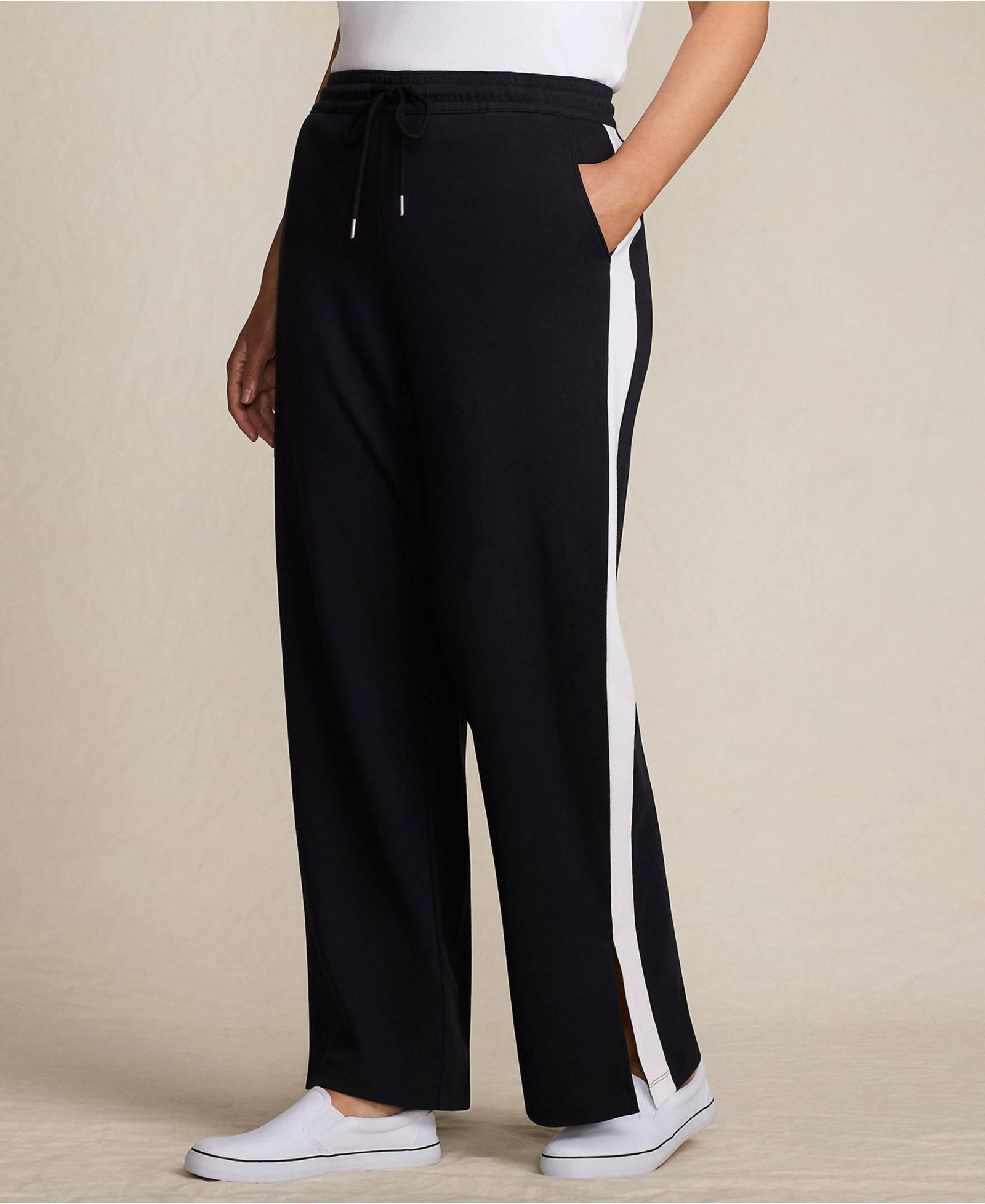 Lands' End Plus Size Sport Knit High Rise Relaxed Straight Leg Side Stripe Pants