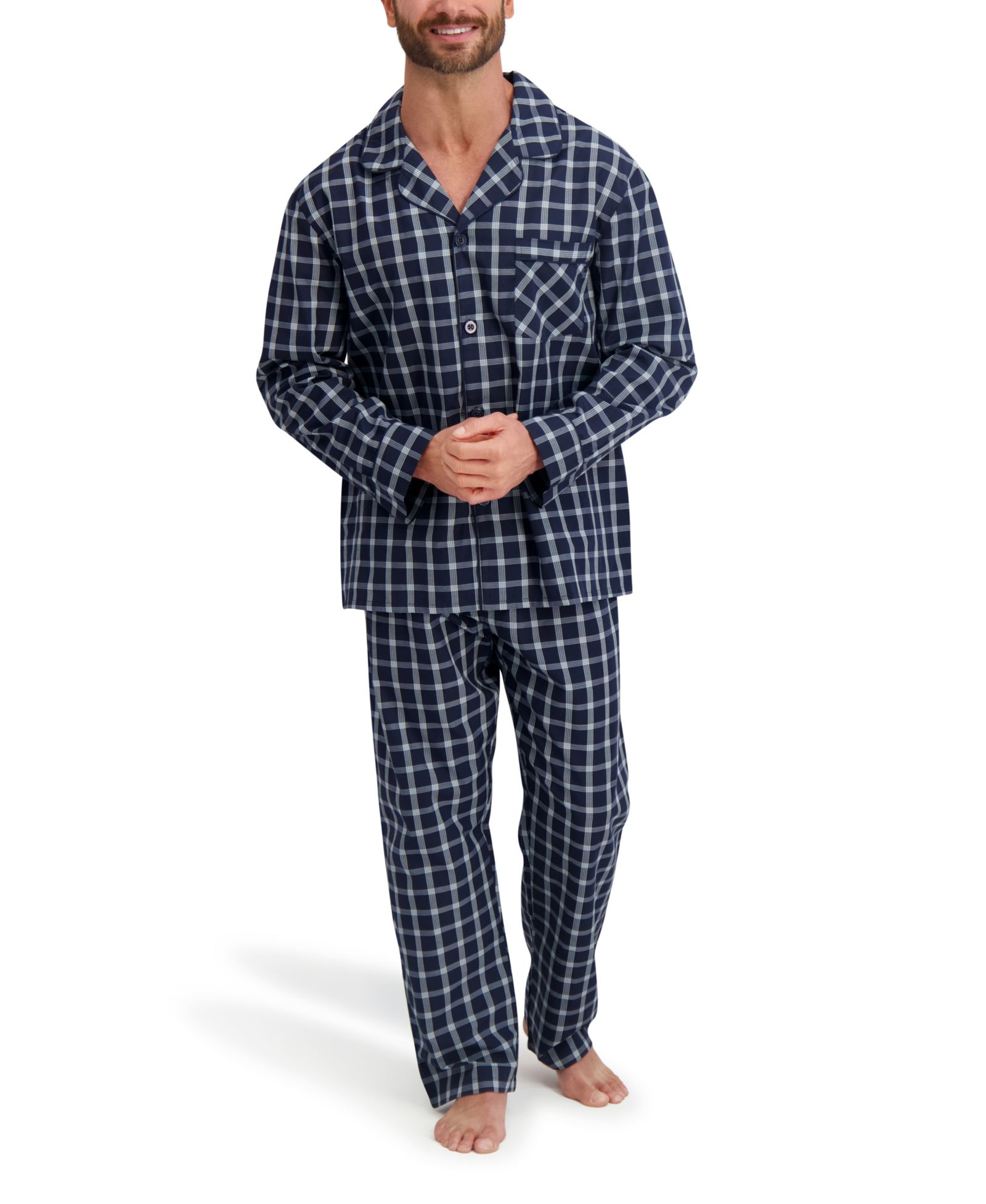 Hanes Men's Woven Button Down Pajama Sleep Set