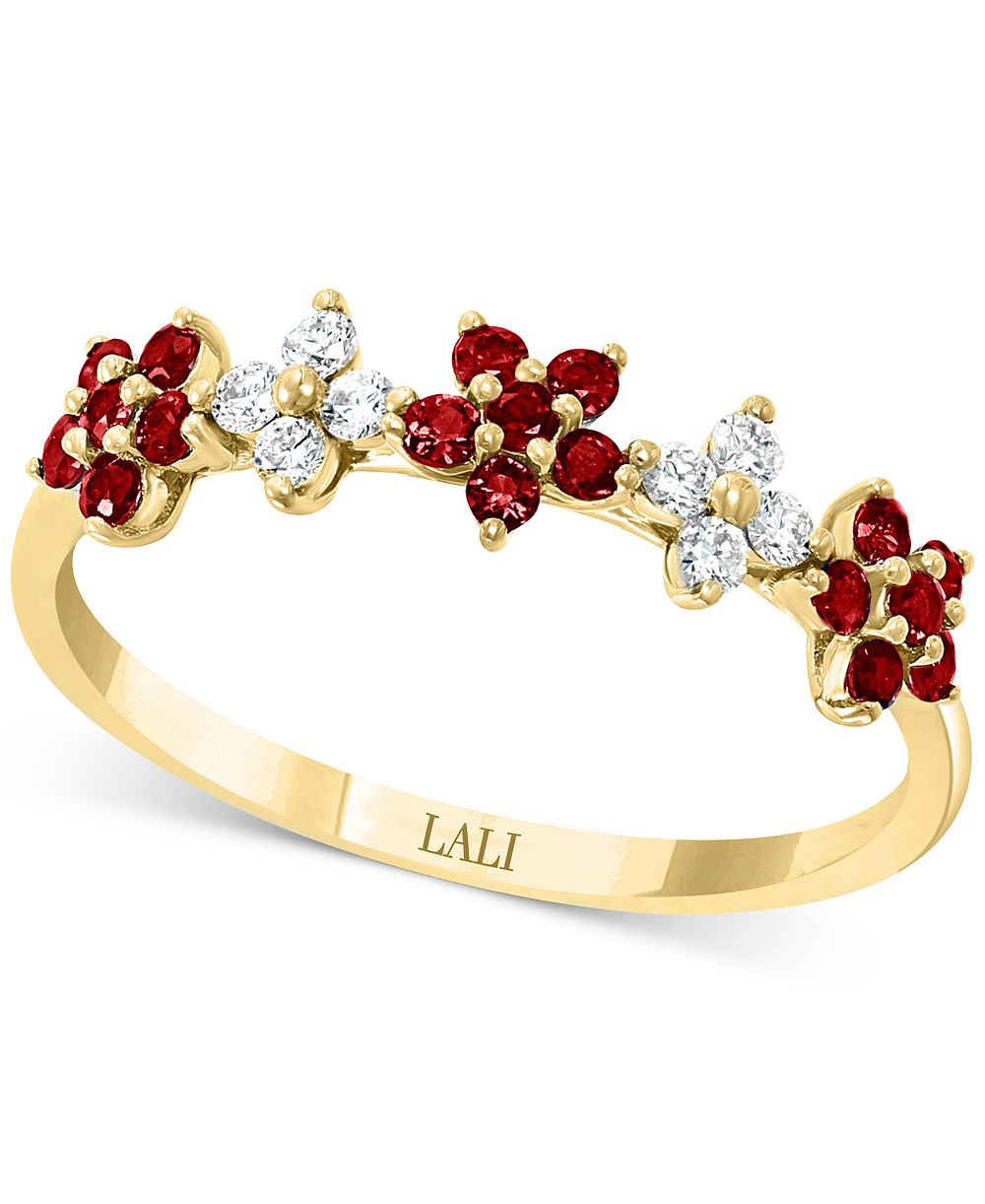 LALI Jewels Ruby (3/8 ct. t.w.) & Diamond (1/6 ct. t.w.) Five Flower Ring in 14k Yellow Gold (Also available in Sapphire or Emerald)