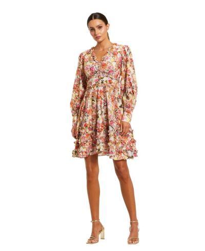 Женское мини-платье Mac Duggal V-Neck Cotton с рюшами и цветочным принтом