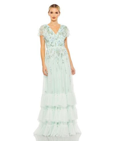 Женское вечернее платье Mac Duggal Ruffle Tiered Embellished Faux Wrap Flutter Sleeve