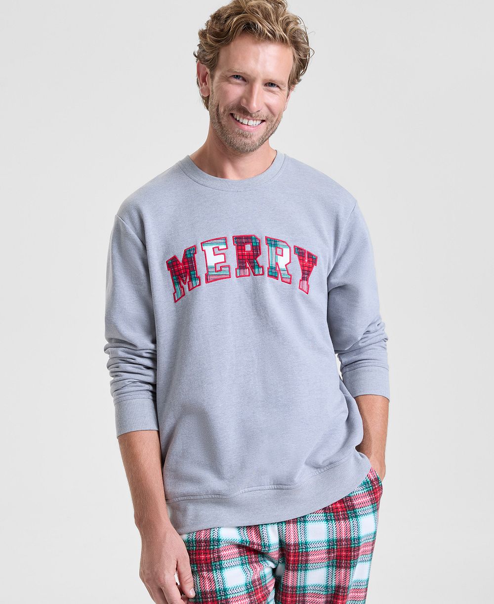Holiday Lane Men's Merry Plaid Appliqué Sweatshirt Matching Family Pajamas, Created for Macy's