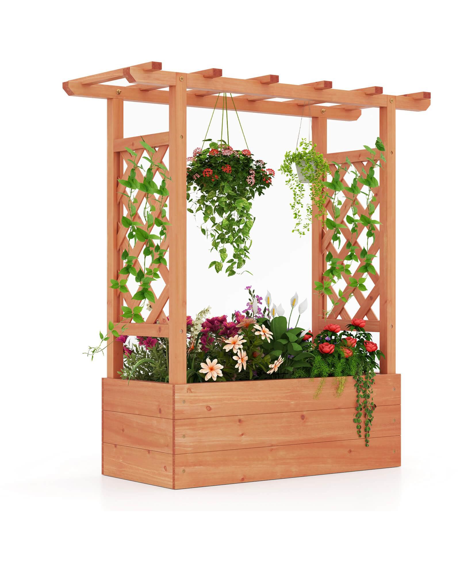 Costway Wooden Raised Garden Bed with Trellis and Hanging Roof, Elevated Planter Box