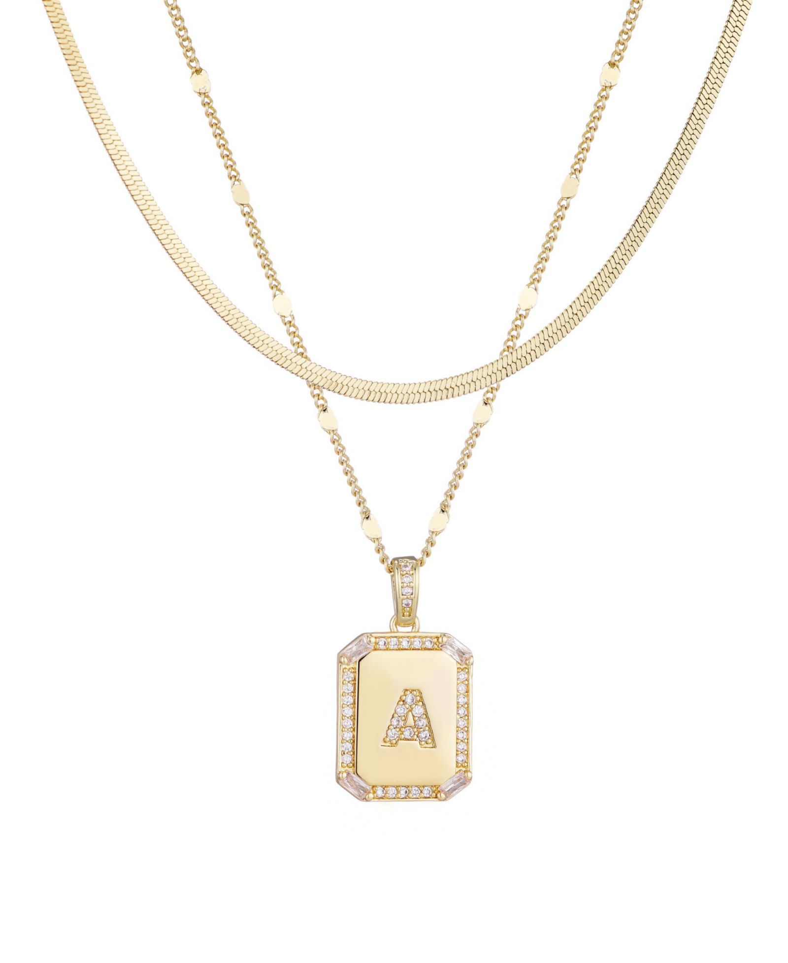 ADORNIA Gold Pave Tag Pendant and Herringbone Chain Initial Necklace Set