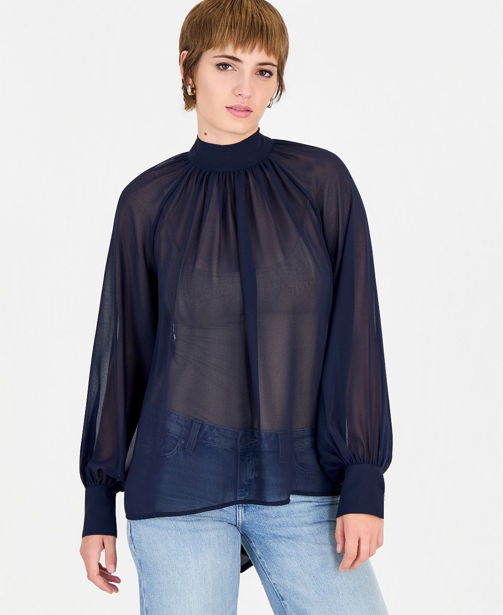 GUESS Women's Long Sleeve Audrine Printed Tie-Neck Bow Blouse