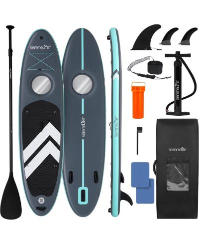 Inflatable Stand-Up Paddle-Board with Window - Includes Double-Action Hand Pump, 3-Piece Aluminum Paddle, Leash, Removable Fin