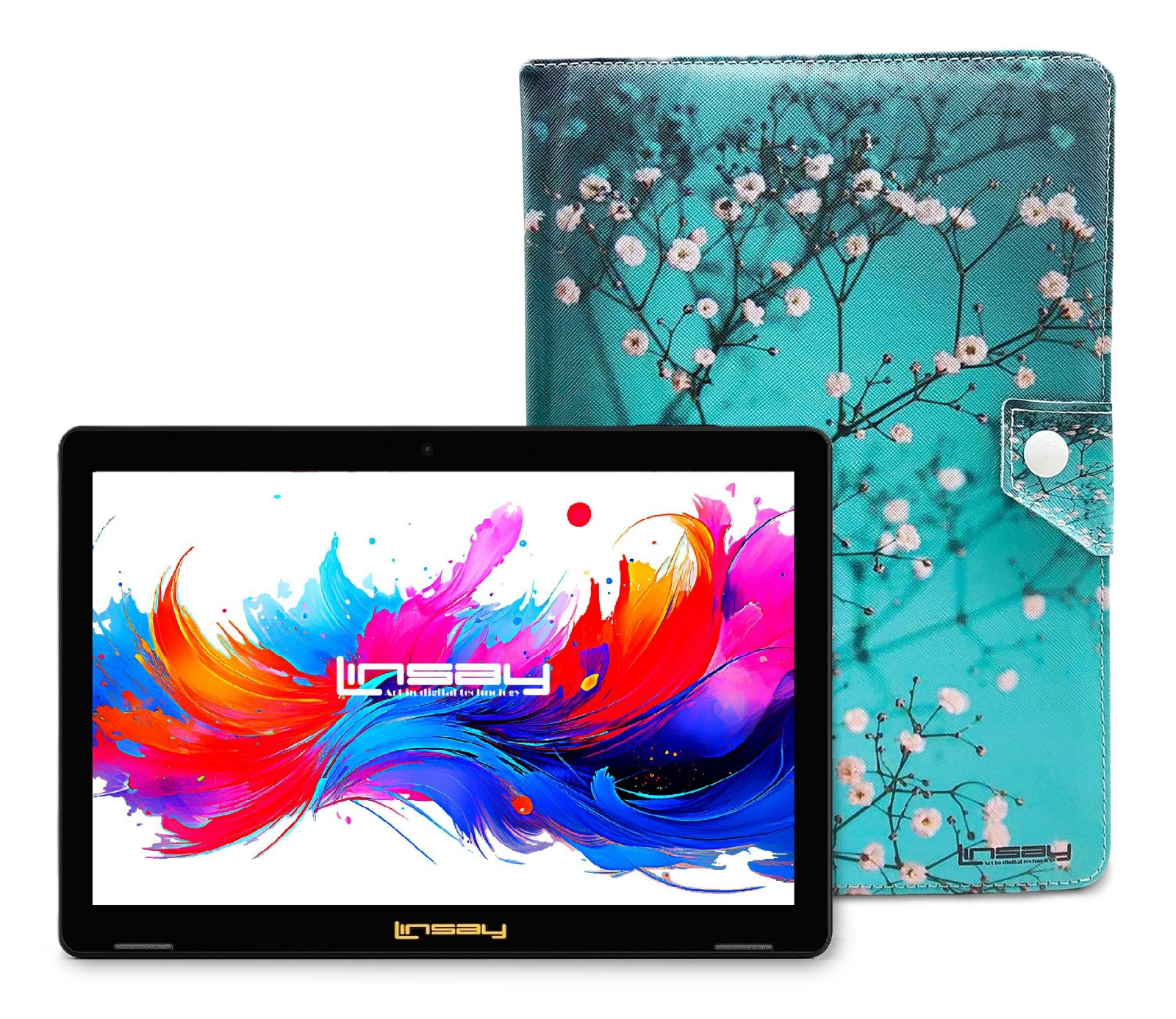Планшет LINSAY 10.1" Octa Core, 256GB, Android 15 с чехлом в цветочном мраморе