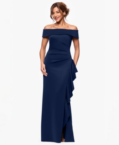 XSCAPE Petite Off-The-Shoulder Ruffled Side-Slit Gown