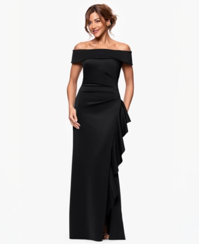XSCAPE Petite Off-The-Shoulder Ruffled Side-Slit Gown