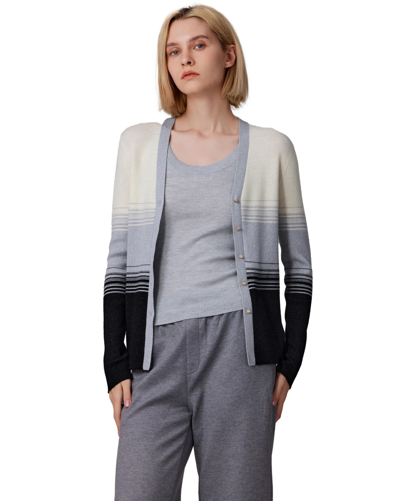 JENNIE LIU Women's Lurex Wool Cardigan | Metallic Button Up V Neck Sweater | Ultra Soft Ribbed Shimmer Knit | Machine Washable Cardigan Sweaters