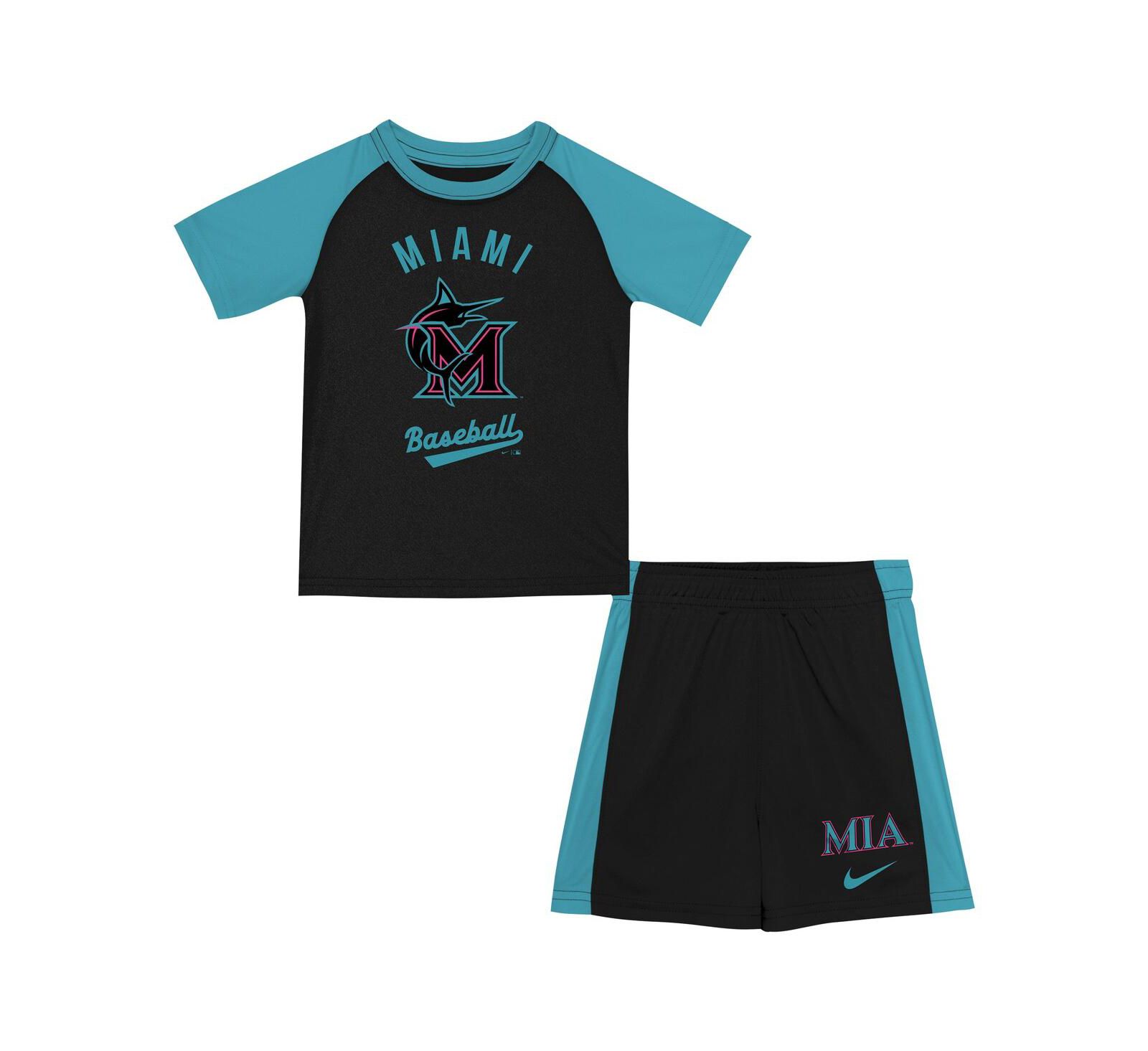 Nike набор для малышей Miami Marlins 2025 City Connect: футболка и шорты, черный/бирюзовый