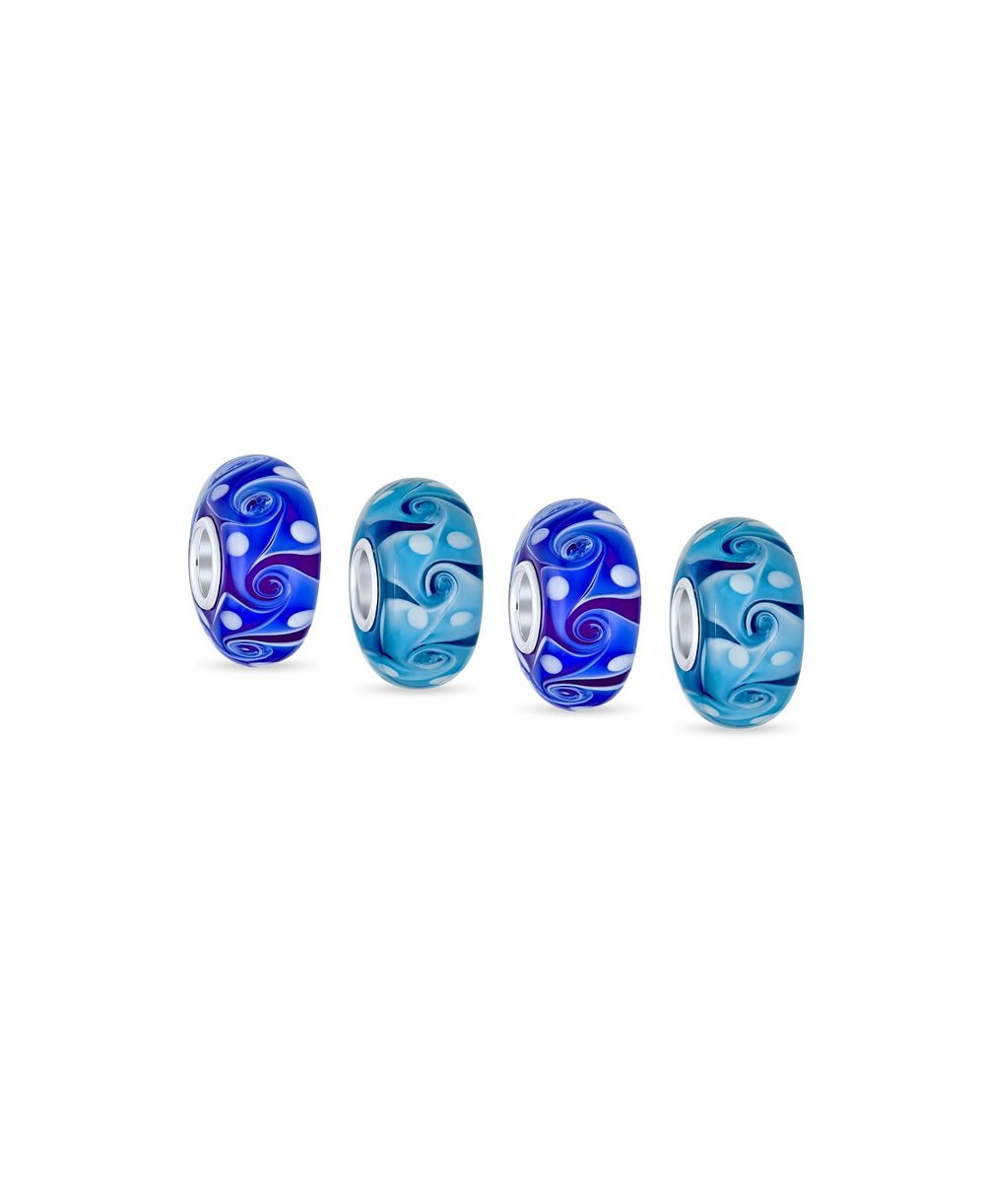 Bling Jewelry Aqua Blue Wave Swirl Murano Charm Bead for Bracelet Sterling Silver 4 Set