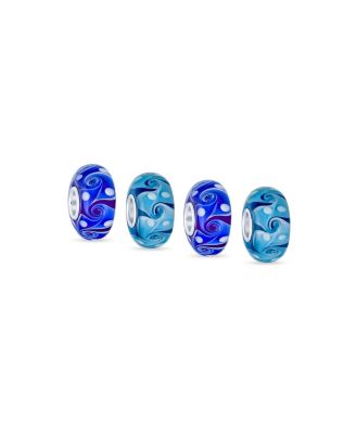 Bling Jewelry Aqua Blue Wave Swirl Murano Charm Bead for Bracelet Sterling Silver 4 Set