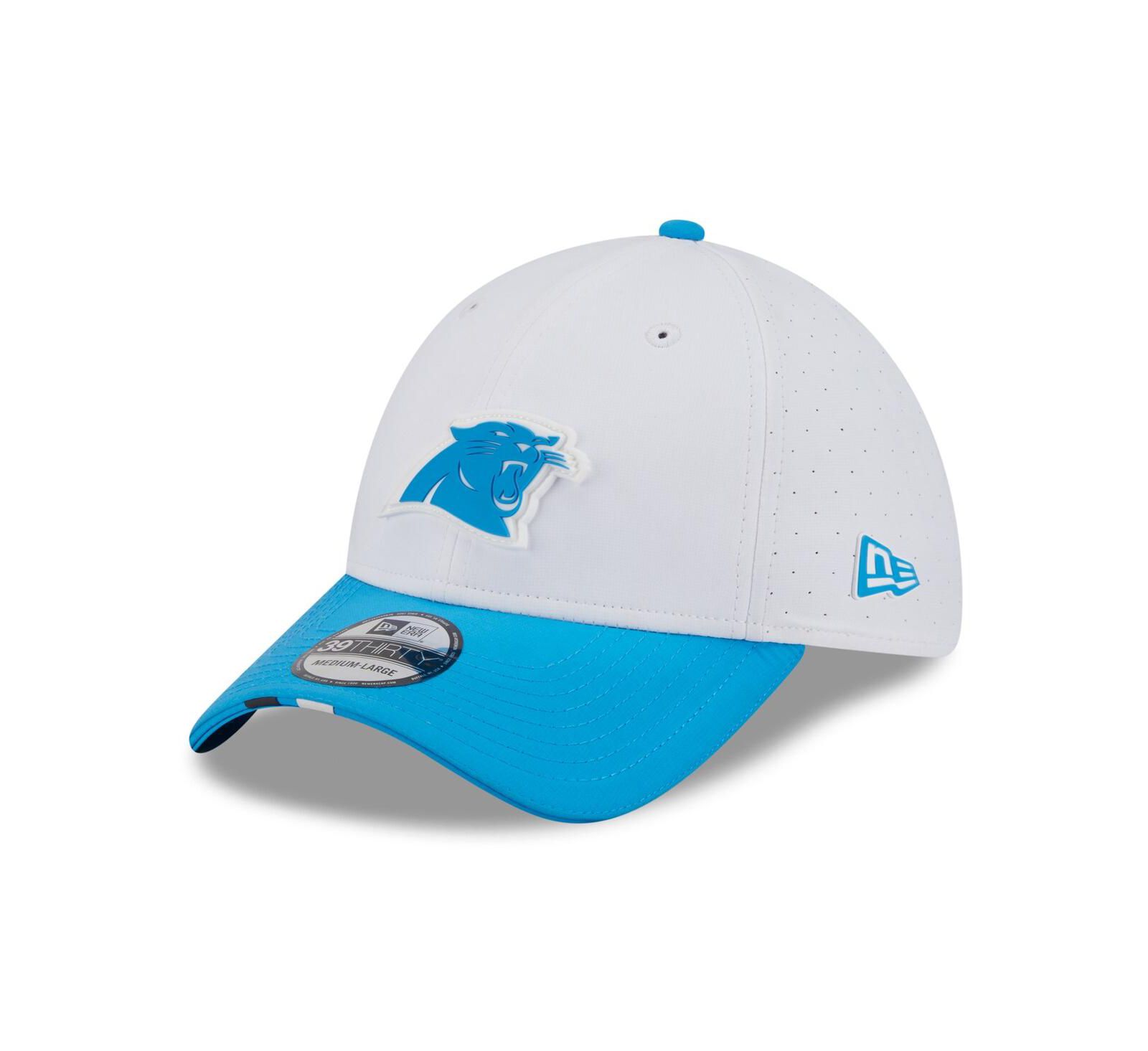 New Era Men's White/Blue Carolina Panthers 2025 NFL Training Camp 39THIRTY Flex Hat
