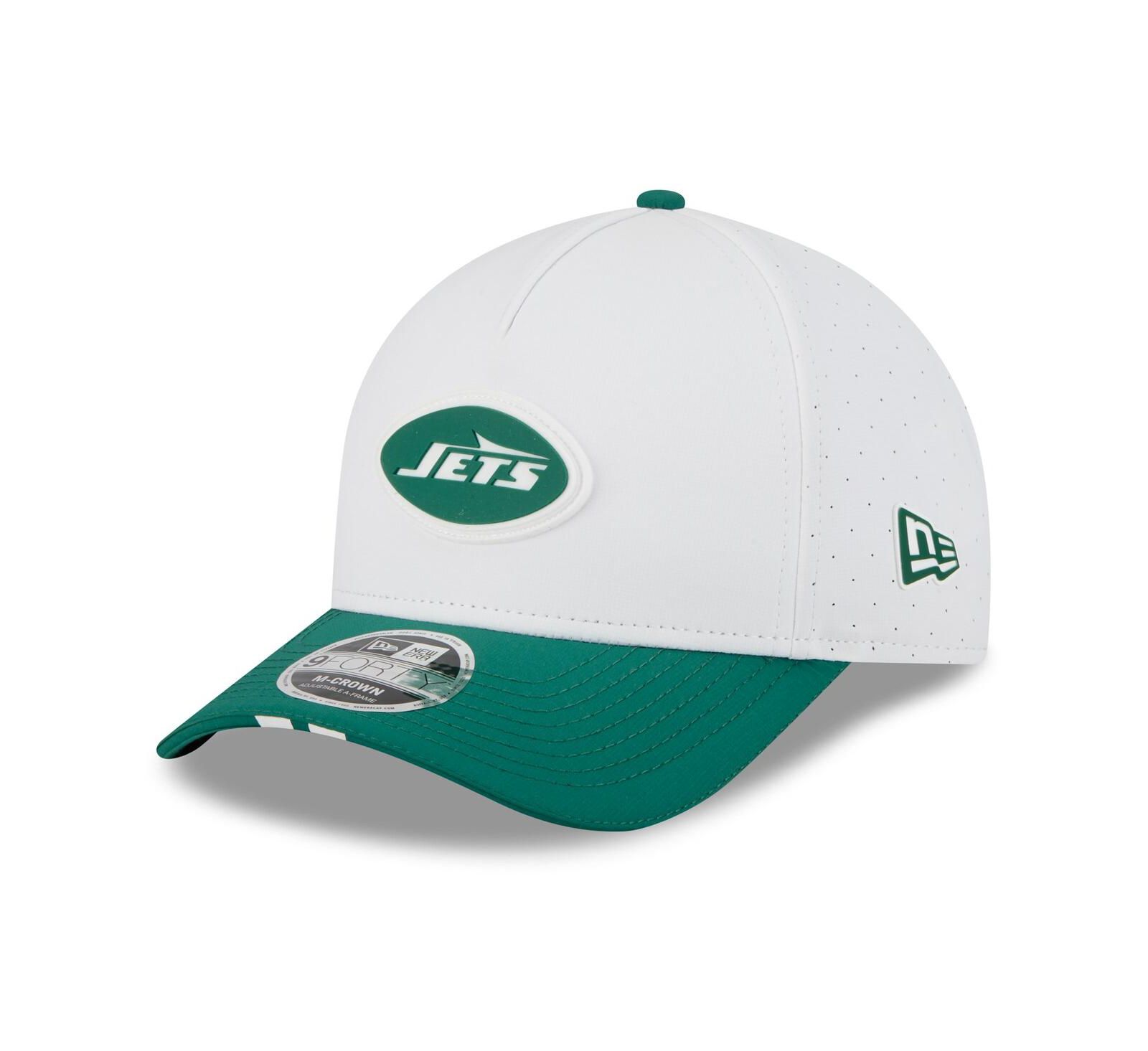New Era Белая/Зеленая кепка New York Jets 2025 NFL Training Camp A-Frame 9FORTY регулируемая для мальчиков и девочек