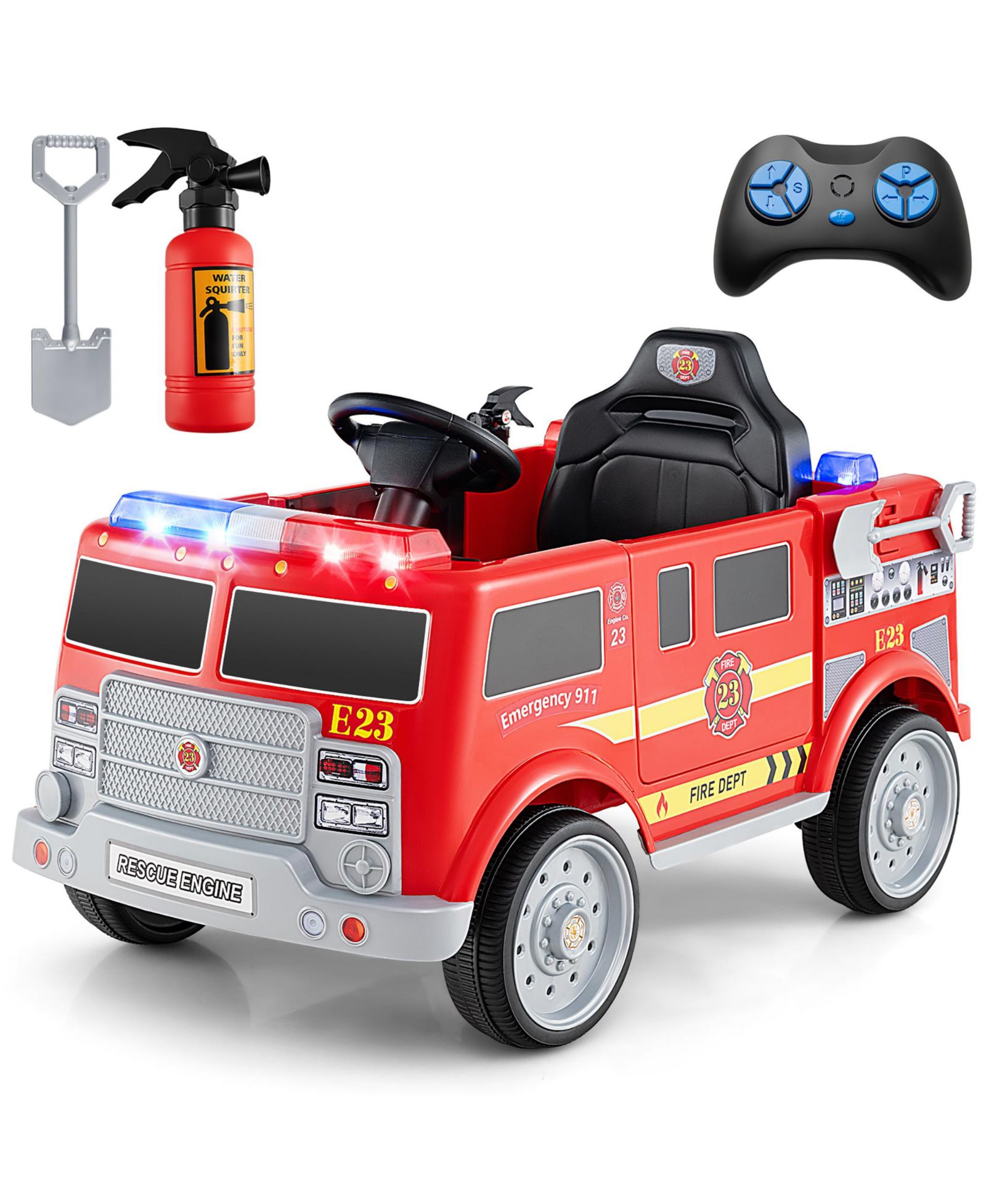Gymax 12V Battery-Powered Ride-On Fire Truck with Remote Control, 66 lbs Capacity, Ages 3-8