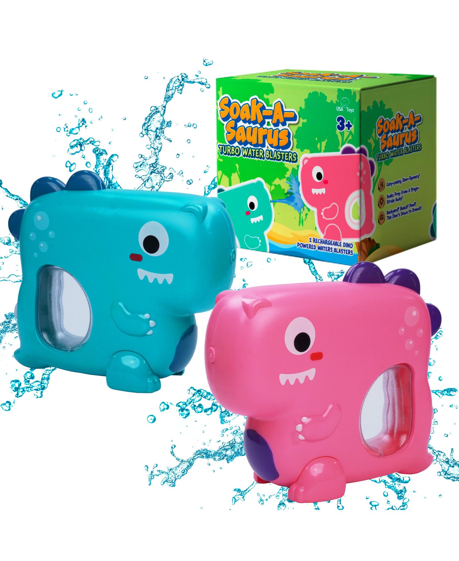 Электрические перезаряжаемые водяные бластеры Usa Toyz Soak-A-Saurus T-Rex, для детей от 3 лет, упаковка по 2 шт.