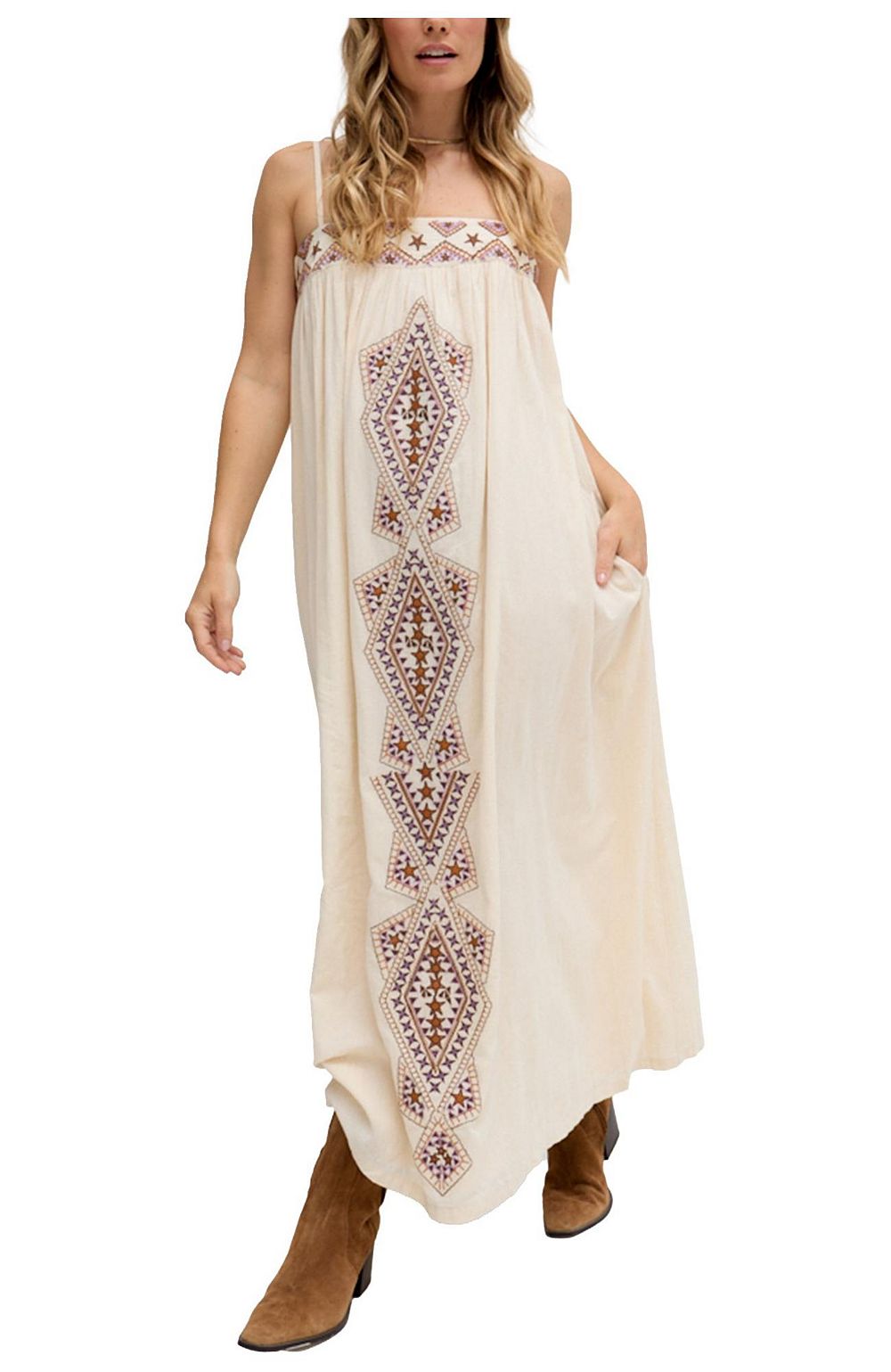 Raffya Women's Sapphire Spaghetti Strap Embroidered Maxi Dress