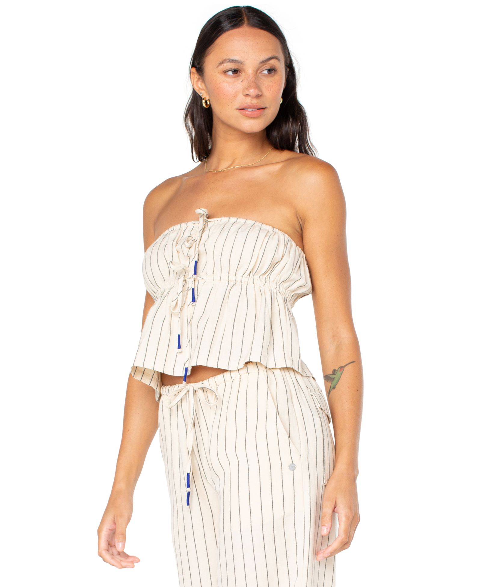 Roxy Women's Iyla Striped Tie-Front Drawstring-Waist Cropped Top