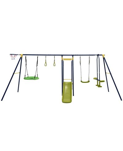 Mecale 7-in-1 A-Frame Steel Swing Set with Slide, Swings, Glider, Monkey Bar, Gym Rings & Basketball Hoop, Up to 7 Kids, Ages 3+