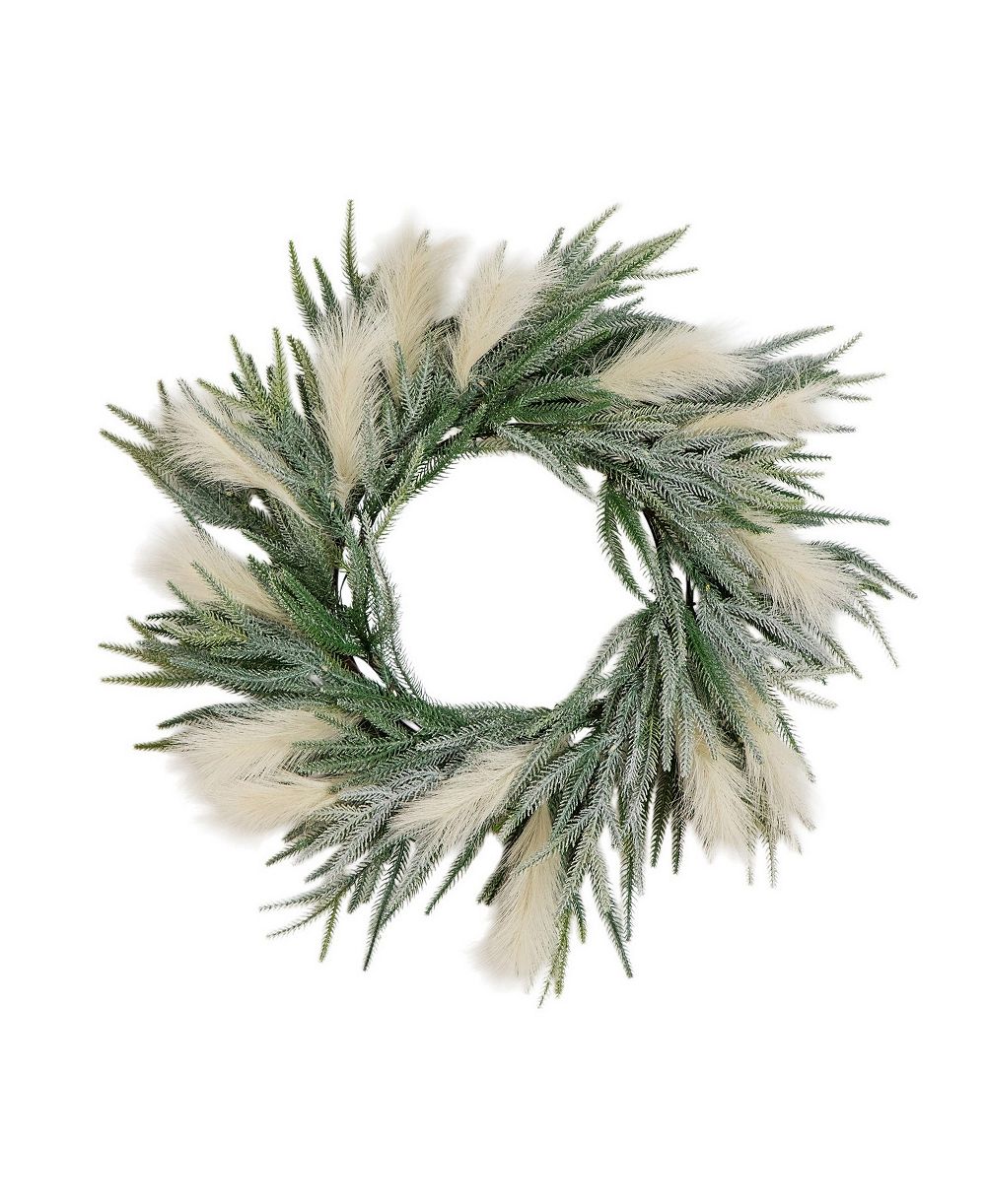 Nearly Natural 24" Artificial Balsam Fir Pine and Pampas Wreath LED Lights