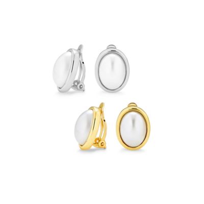 Bling Jewelry Classic Faux White Pearl Bezel Oval Clip On Earrings Silver Gold Plated