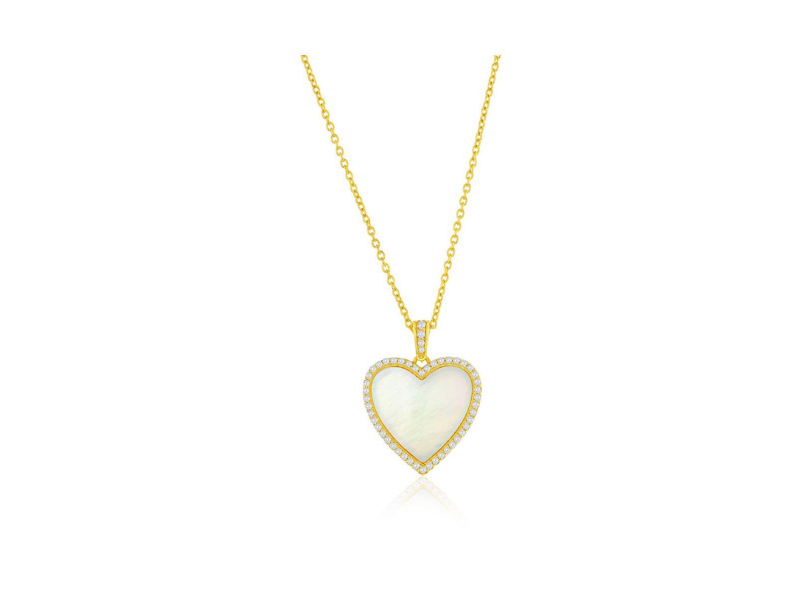 Ожерелье Sterling, MOP Heart с границей CZ, позолоченное