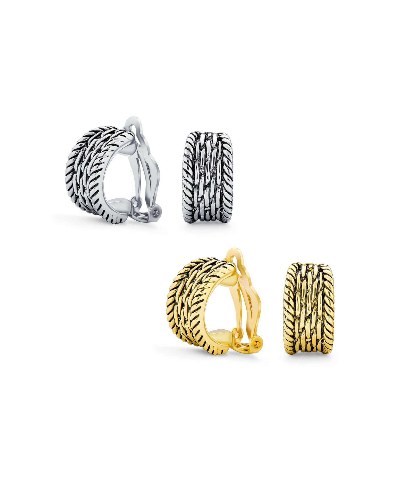 Серьги-клипсы Bling Jewelry с витым плетением из золота 14K и родием (набор из 2 шт.)