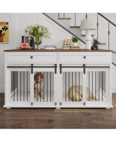 Streamdale Furniture 63'' Double Dog Crate Furniture with Drawers and Divider