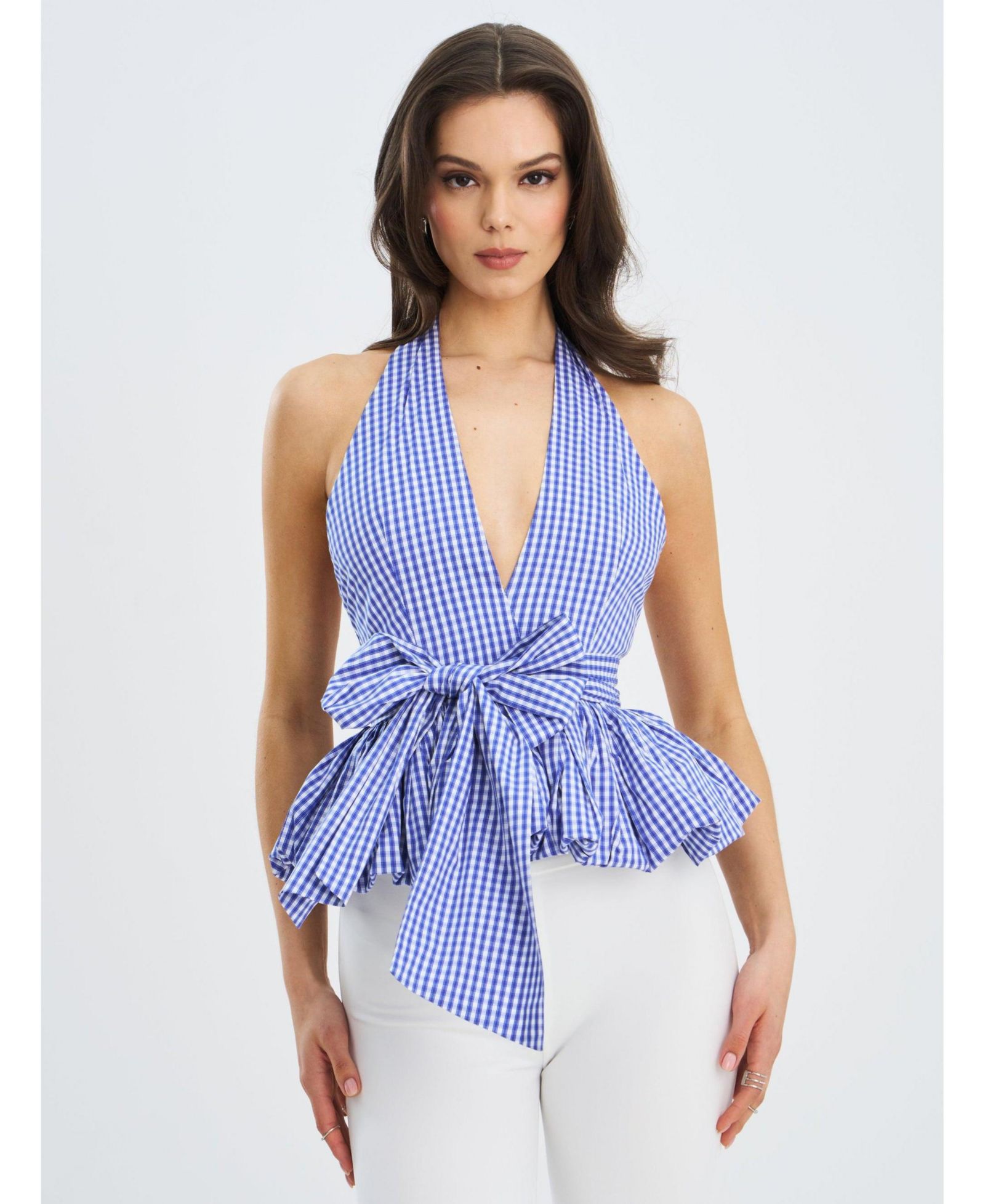 Miss Circle Women's Ilene Blue and White Checkered Bubble Hem Halter Top