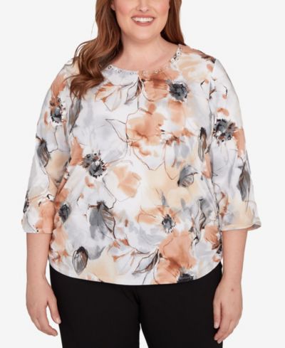 Женский топ Alfred Dunner Plus Size Watercolor Floral с присборенными боками и круглым вырезом