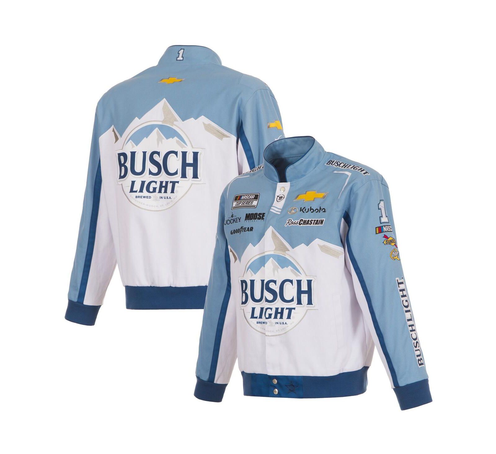 JH Design Men's White/Light Blue Ross Chastain Busch Light Full-Snap Twill Uniform Jacket